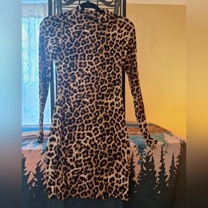 Leopard-print, long sleeve, bodycon dress.